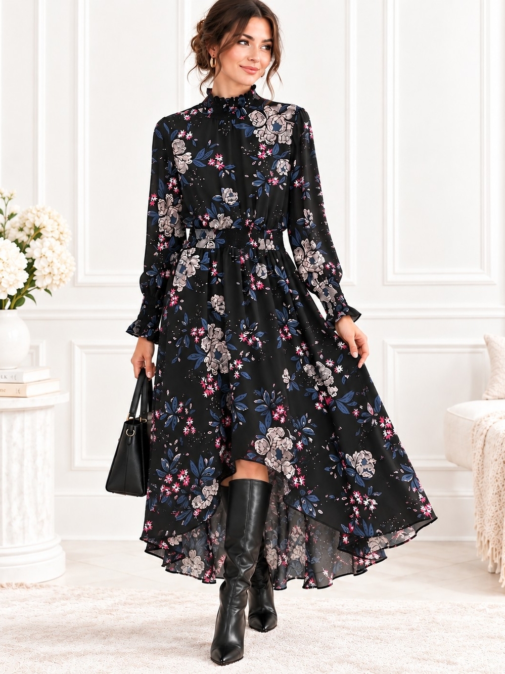 Nanette Lepore Black Floral High Low Maxi Dress Romantic Size 8